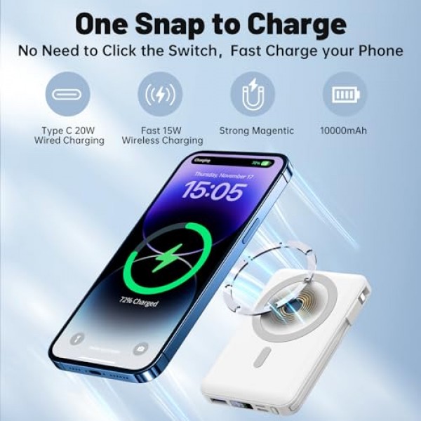 Yiisonger 자기 무선 전원 은행 - 10000mAh 휴대용 충전기 내장 케이블을 사용한 22.5W PD 고속 충전 LED 디스플레이, iPhone 15/14/13/12/Pro/Mini/Pro Max(흰색)용 슬림 자기 배터리 팩