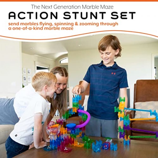 MindWare Q-BA-Maze 액션 스턴트 세트 차세대 Marble Maze 어린이 장난감 - STEM Marble Run - 6세 이상에게 권장 - 소년 소녀를 위한 교육 선물