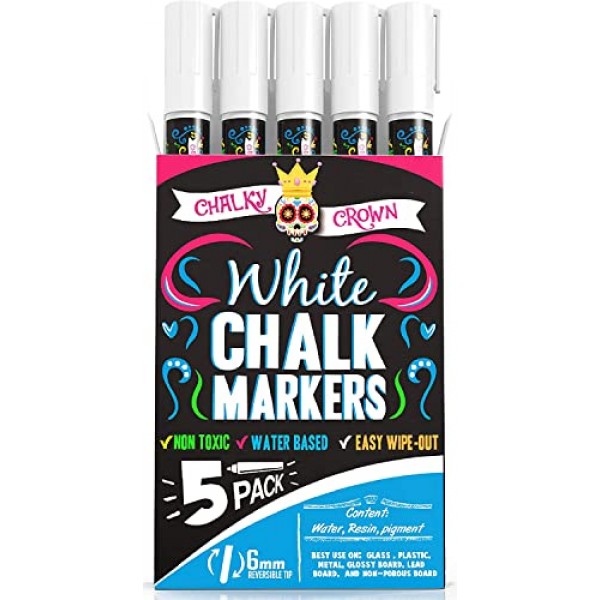 CHALKY CROWN 액체 분필 마커 펜 - 흰색 그리기 분필 - 칠판 표지판, Windows, 칠판, 유리용 칠판 마커 - 6mm 양면 팁(5팩) - 칠판 라벨 24개 포함