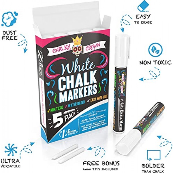 CHALKY CROWN 액체 분필 마커 펜 - 흰색 그리기 분필 - 칠판 표지판, Windows, 칠판, 유리용 칠판 마커 - 6mm 양면 팁(5팩) - 칠판 라벨 24개 포함