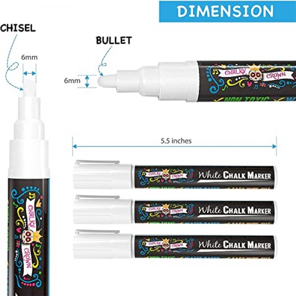 CHALKY CROWN 액체 분필 마커 펜 - 흰색 그리기 분필 - 칠판 표지판, Windows, 칠판, 유리용 칠판 마커 - 6mm 양면 팁(5팩) - 칠판 라벨 24개 포함