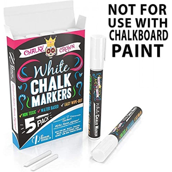CHALKY CROWN 액체 분필 마커 펜 - 흰색 그리기 분필 - 칠판 표지판, Windows, 칠판, 유리용 칠판 마커 - 6mm 양면 팁(5팩) - 칠판 라벨 24개 포함