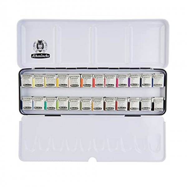 Schmincke - AKADEMIE®AQUARELL 수채화 상자, 전체 구성 24 x 1/2 팬, 75 424 097, 금속 상자, 매우 밝은 색상, 고급 예술가 수채화
