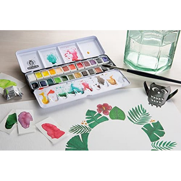 Schmincke - AKADEMIE®AQUARELL 수채화 상자, 전체 구성 24 x 1/2 팬, 75 424 097, 금속 상자, 매우 밝은 색상, 고급 예술가 수채화