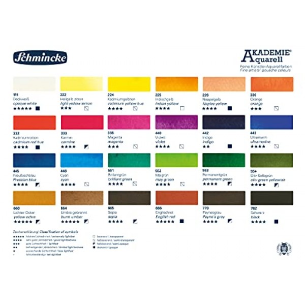 Schmincke - AKADEMIE®AQUARELL 수채화 상자, 전체 구성 24 x 1/2 팬, 75 424 097, 금속 상자, 매우 밝은 색상, 고급 예술가 수채화