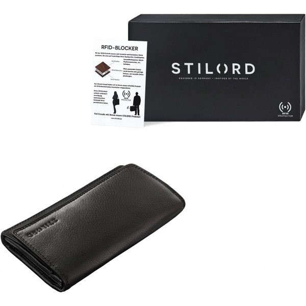 STILORD 'Hannah' 앤티크 가죽으로 만든 여성용 빈티지 지갑, 지퍼 체인지가 있는 대형 지갑, RFID NFC 보호 기능이 있는 가로 EC 카드, 색상: 블랙