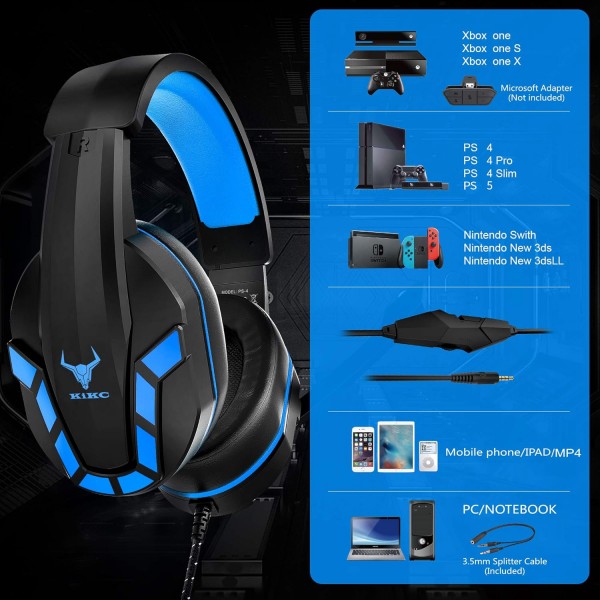 Playstation 4(PS4)용 Kikc 게임용 헤드셋 Nintendo Switch PC 노트북 PS3 비디오 게임용 3.5mm 잭, 마이크 및 볼륨 컨트롤이 있는 Xbox One 게임용 헤드폰 블랙 오렌지