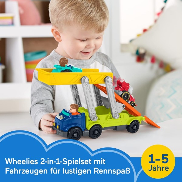 Fisher-Price HBX23 - Little People Ramp 'n Go 2-in-1 Car Transporter Playset with 2 Wheelies Cars and 3 Figures 아기 장난감 18개월 - 5세