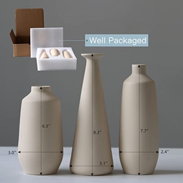 Abbittar 세라믹 꽃병 3개 세트, 소박한 가정 장식, 현대 농가 장식, 거실 장식, 선반 장식, 테이블 장식, 책장, 벽난로 및 출입구 장식을 위한 미니멀 스타일 꽃병 - 베이