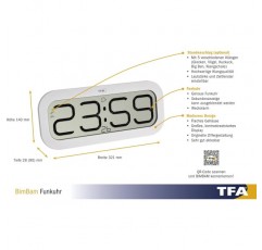 TFA Dostmann Bim Bam 아워 스트라이크가 있는 라디오 벽시계, 60.4514.02, 라디오 시계, 아워 스트라이크, 화이트, L 321 x W 28(90) x H 140mm