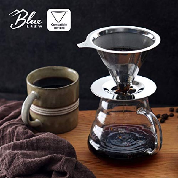 BLUE BREW 투명 유리 레인지 커피 서버, 600ML(20oz) 푸어 오버 티 & 커피 메이커용 유리병, 내열 유리 커피 포트, 투명, BB1008