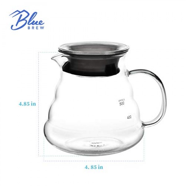 BLUE BREW 투명 유리 레인지 커피 서버, 600ML(20oz) 푸어 오버 티 & 커피 메이커용 유리병, 내열 유리 커피 포트, 투명, BB1008