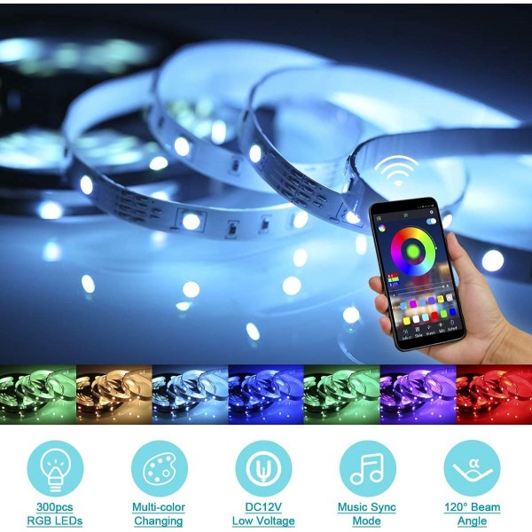 Led 스트립 조명 10M 300LEDs(원격 및 전원 공급 장치 포함) 3가지 방법으로 제어 스마트 폰 Bluetooth 앱 제어(음악 동기화 모드 포함) SMD 5050 RGB 색상 침실용 LED 조명 변경(5Mx2
