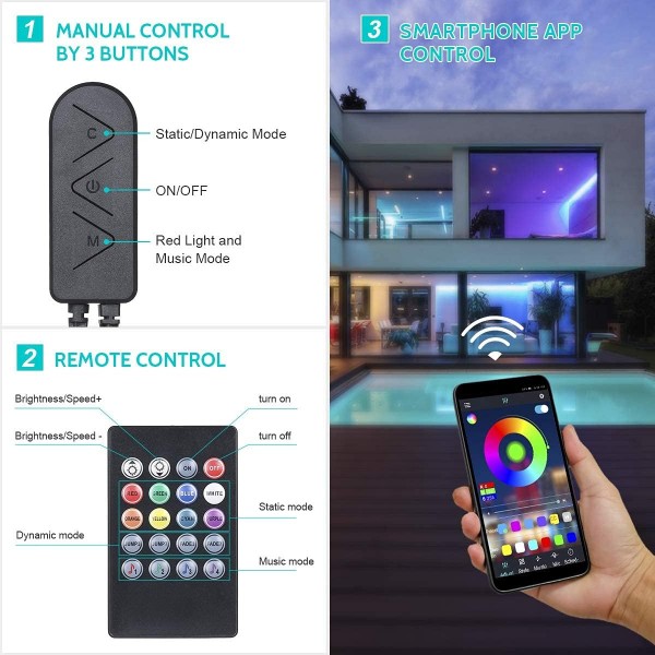 Led 스트립 조명 10M 300LEDs(원격 및 전원 공급 장치 포함) 3가지 방법으로 제어 스마트 폰 Bluetooth 앱 제어(음악 동기화 모드 포함) SMD 5050 RGB 색상 침실용 LED 조명 변경(5Mx2