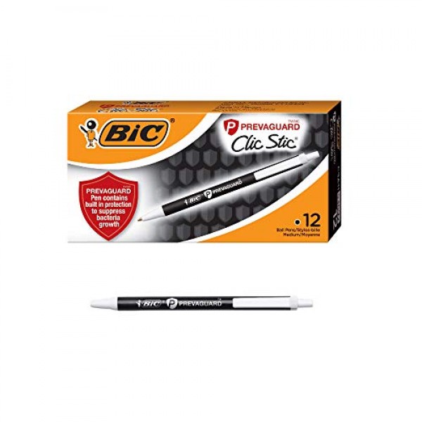 BIC PrevaGuard Clic Stic 볼펜(박테리아 성장 억제 기능 내장), 미디엄 포인트(1.0mm), 검정색, 12개