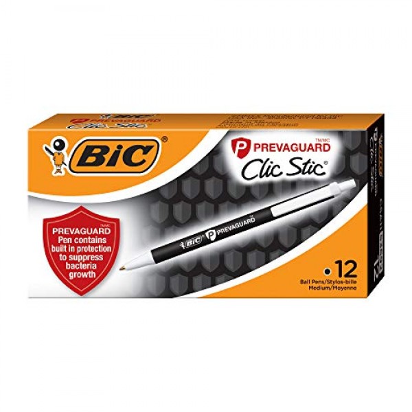 BIC PrevaGuard Clic Stic 볼펜(박테리아 성장 억제 기능 내장), 미디엄 포인트(1.0mm), 검정색, 12개