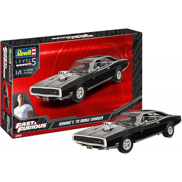 잘 알려진 영화 시리즈를 기반으로 한 Revell 07693 Fast & Furious Dominics 1970 Dodge Charger 1:25 자동차 모델, 전문가를 위한 8.5인치 The Fast and The Furious 진정한 원본 모델 키트, 도