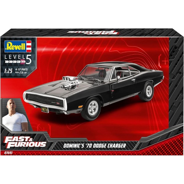 잘 알려진 영화 시리즈를 기반으로 한 Revell 07693 Fast & Furious Dominics 1970 Dodge Charger 1:25 자동차 모델, 전문가를 위한 8.5인치 The Fast and The Furious 진정한 원본 모델 키트, 도