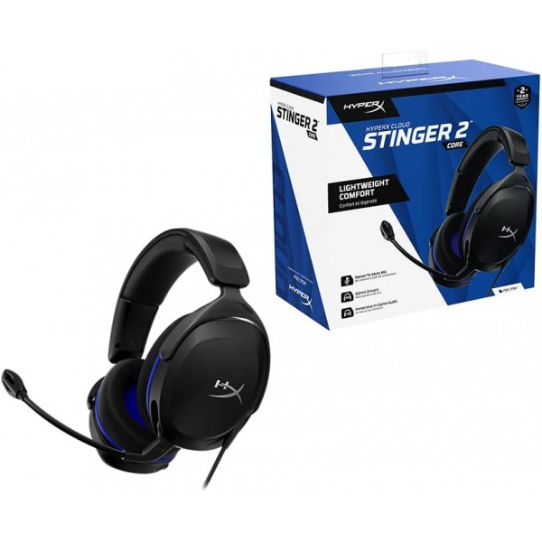 HyperX Cloud Stinger 2 Core - Playstation용 게임용 헤드셋, 마이크가 있는 경량 오버이어 헤드셋, 마이크를 뒤집어 음소거, 40mm 드라이버