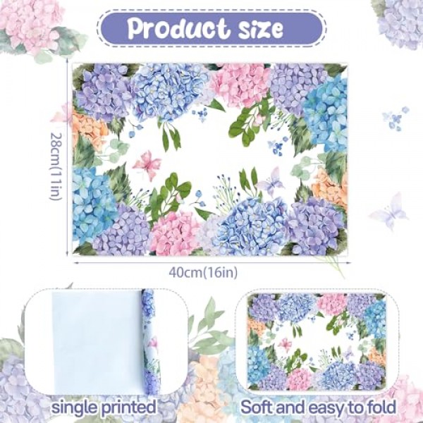 종이 Placemats 일회용 50 팩 수국 Placemats 봄 여름 식탁 웨딩 파티 용품을위한 16x11 인치 꽃 장소 매트
