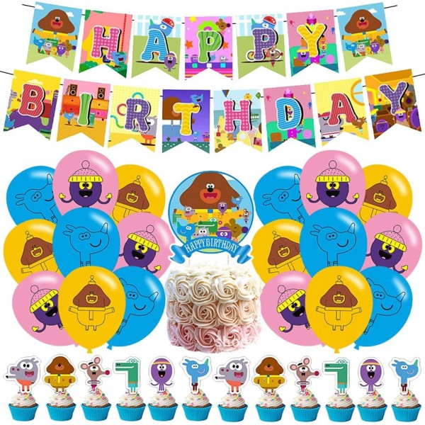 만화 생일 풍선 세트 LKNBIF 32 Pcs Hey Duggee 생일 용품은 생일 파티 장식을 위한 케이크 토퍼 컵케익 Toppers 배너 풍선을 포함합니다
