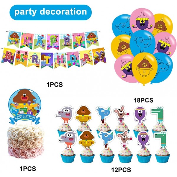 만화 생일 풍선 세트 LKNBIF 32 Pcs Hey Duggee 생일 용품은 생일 파티 장식을 위한 케이크 토퍼 컵케익 Toppers 배너 풍선을 포함합니다