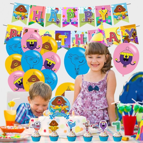 만화 생일 풍선 세트 LKNBIF 32 Pcs Hey Duggee 생일 용품은 생일 파티 장식을 위한 케이크 토퍼 컵케익 Toppers 배너 풍선을 포함합니다