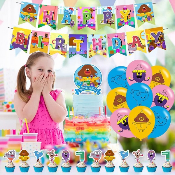만화 생일 풍선 세트 LKNBIF 32 Pcs Hey Duggee 생일 용품은 생일 파티 장식을 위한 케이크 토퍼 컵케익 Toppers 배너 풍선을 포함합니다