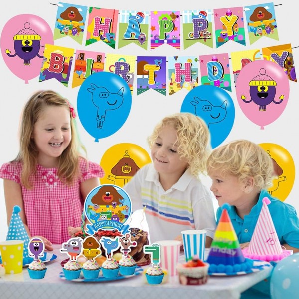 만화 생일 풍선 세트 LKNBIF 32 Pcs Hey Duggee 생일 용품은 생일 파티 장식을 위한 케이크 토퍼 컵케익 Toppers 배너 풍선을 포함합니다
