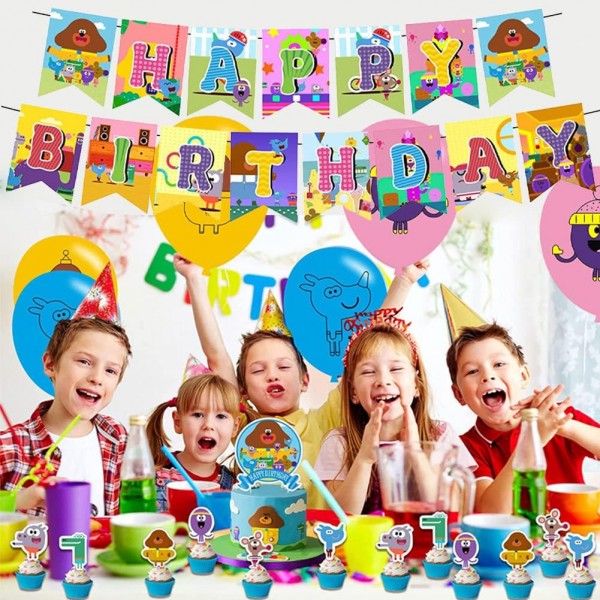 만화 생일 풍선 세트 LKNBIF 32 Pcs Hey Duggee 생일 용품은 생일 파티 장식을 위한 케이크 토퍼 컵케익 Toppers 배너 풍선을 포함합니다