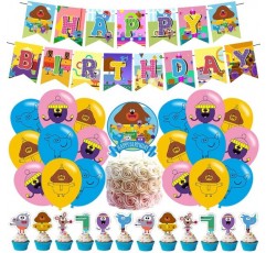만화 생일 풍선 세트 LKNBIF 32 Pcs Hey Duggee 생일 용품은 생일 파티 장식을 위한 케이크 토퍼 컵케익 Toppers 배너 풍선을 포함합니다