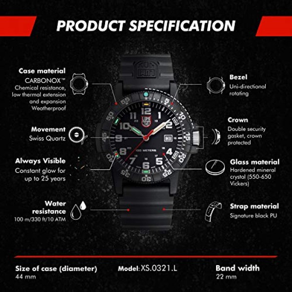 Luminox Leatherback SEA Turtle Giant Blackout 남성용 시계 44mm - 날짜 표시가 있는 블랙 다이빙 시계, 100m 방수
