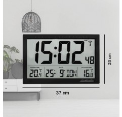 TFA Dostmann Digital XL 라디오 시계, 외부 및 내부 온도 표시, 벽시계, 읽기 쉬움, 검정, 60.4510, L 370 x W 29(90) x H 230mm
