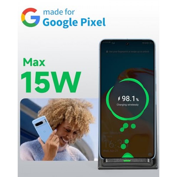Google Pixel 8 Pro용 무선 충전 스탠드 | 접기 | 7 프로 | 7a | 6 프로 | 5 | 4XL | 3XL - 고속 무선 휴대폰 충전기 - Qi 인증 장치(검은색)