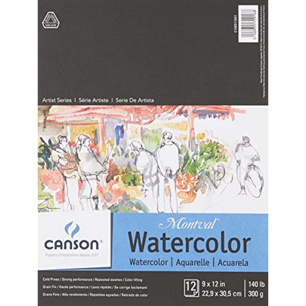 Canson 아티스트 시리즈 Montval 수채화 용지, 접이식 패드, 9x12인치, 12매(140lb/300g) - 성인 및 학생을 위한 아티스트 용지 - 수채화, 혼합 매체, 마커 및 아트 저널링