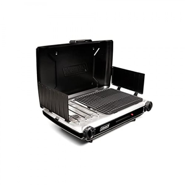 Coleman Classic 2-in-1 캠핑 그릴/스토브(조절식 버너 2개 포함), 프로판 그릴/스토브(푸시 버튼 스타터 포함), 윈드 가드, 그리스 트레이, 캠핑, 테일게이팅 등을 위한 20,000BT