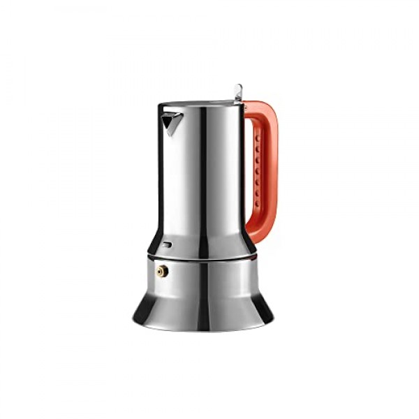 Alessi 9090 Manico Forato 9090/6 100 - 디자인 에스프레소 커피 메이커 6컵, 18/10 스테인리스 스틸, 자석 바닥, 천공 및 컬러 손잡이, 주황색
