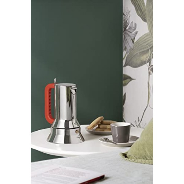 Alessi 9090 Manico Forato 9090/6 100 - 디자인 에스프레소 커피 메이커 6컵, 18/10 스테인리스 스틸, 자석 바닥, 천공 및 컬러 손잡이, 주황색