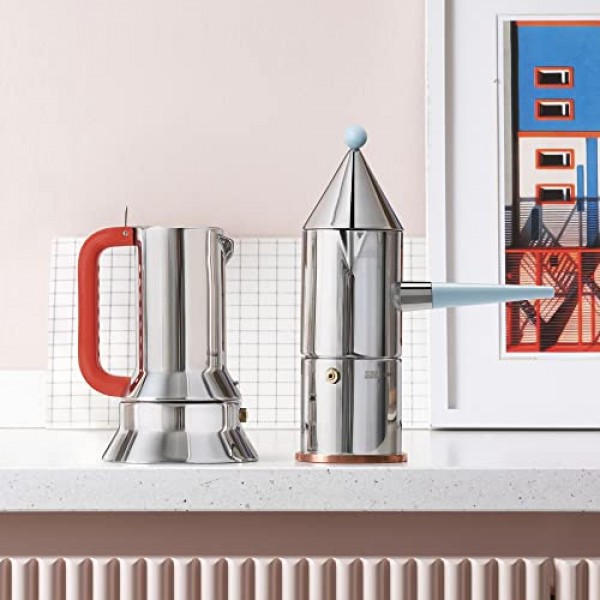 Alessi 9090 Manico Forato 9090/6 100 - 디자인 에스프레소 커피 메이커 6컵, 18/10 스테인리스 스틸, 자석 바닥, 천공 및 컬러 손잡이, 주황색