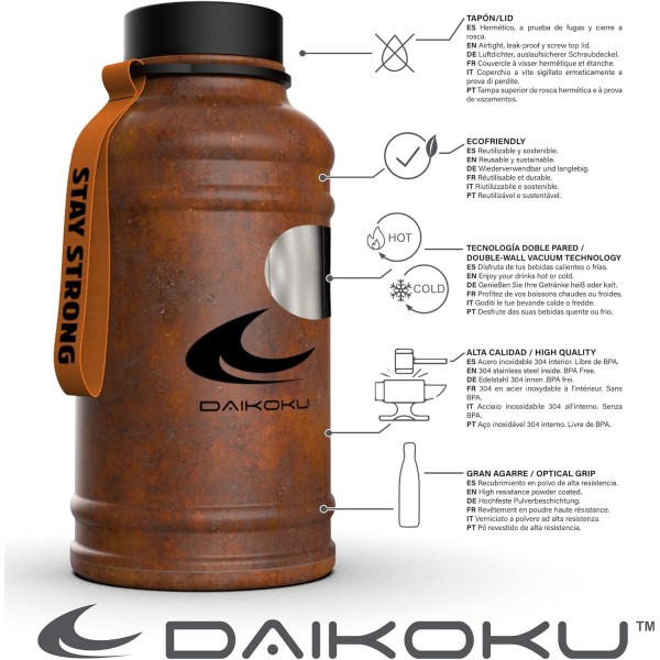 Daikoku 스테인리스 스틸 물병 - 1.3l BPA Free - 체육관 및 모든 종류의 스포츠에 유용함 - Double Wall Thermos Bottle 12~24시간 - 주황색 1.3 L 갈색 Xxl
