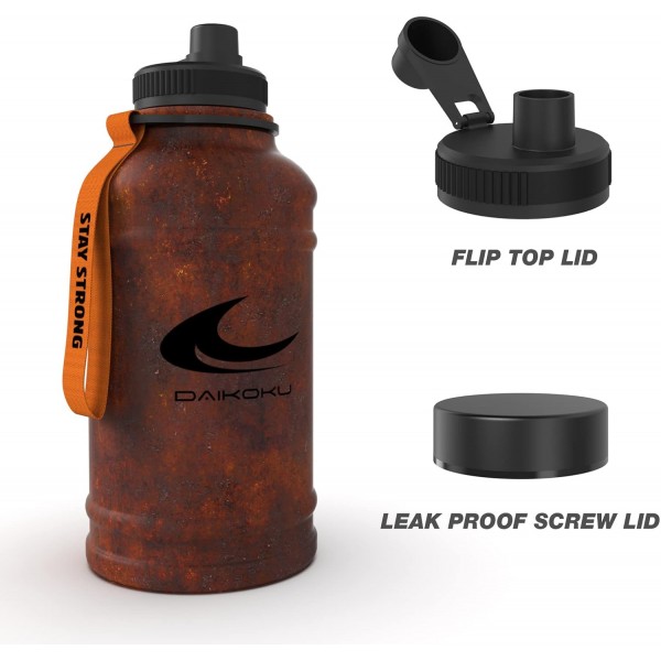 Daikoku 스테인리스 스틸 물병 - 1.3l BPA Free - 체육관 및 모든 종류의 스포츠에 유용함 - Double Wall Thermos Bottle 12~24시간 - 주황색 1.3 L 갈색 Xxl