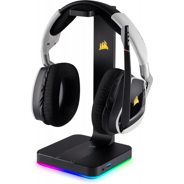 Corsair Void Elite RGB 무선 게임용 헤드셋(7.1 서라운드 사운드, 12미터 범위) 화이트 및 ST100 프리미엄 헤드폰 스탠드(2X USB 3.1, 알루미늄, 7.1 Dolby 오디오 출력) 블랙 VOID ELITE 