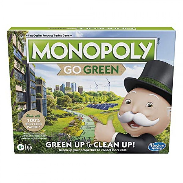 Hasbro Gaming Monopoly: Go Green Edition 보드 게임 | 100% 재활용 종이 부품과 식물 기반 플라스틱 토큰으로 제작 | 가족 보드 게임 | 8세 이상