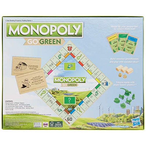 Hasbro Gaming Monopoly: Go Green Edition 보드 게임 | 100% 재활용 종이 부품과 식물 기반 플라스틱 토큰으로 제작 | 가족 보드 게임 | 8세 이상
