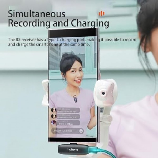 Hohem Type-C 포트용 무선 라발리에 마이크 MIC-01, 소음 제거, 내장 TF 카드 슬롯, 라이브 스트리밍용 원격 제어, 인터뷰, 비디오 촬영, 20H 런타임(흰색)