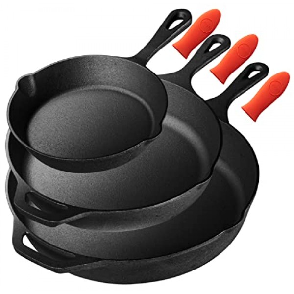 Nutrichef 3개 주방 프라이팬 미리 양념한 주철 프라이팬 팬 붙지 않는 조리기구 세트(드립 스파우트 포함), 실리콘 손잡이, 전기 쿡탑용, 유리 세라믹