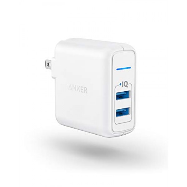 USB 충전기, Anker Elite 듀얼 포트 24W 벽면 충전기, iPhone 15/14/13/12/11 시리즈, iPad Pro/Air 2/Mini 3/Mini 4, Samsung S4/S5 등을 위한 PowerIQ 및 접이식 플러그가 포함된 PowerPort 2