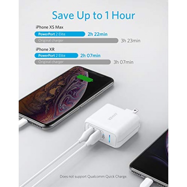 USB 충전기, Anker Elite 듀얼 포트 24W 벽면 충전기, iPhone 15/14/13/12/11 시리즈, iPad Pro/Air 2/Mini 3/Mini 4, Samsung S4/S5 등을 위한 PowerIQ 및 접이식 플러그가 포함된 PowerPort 2