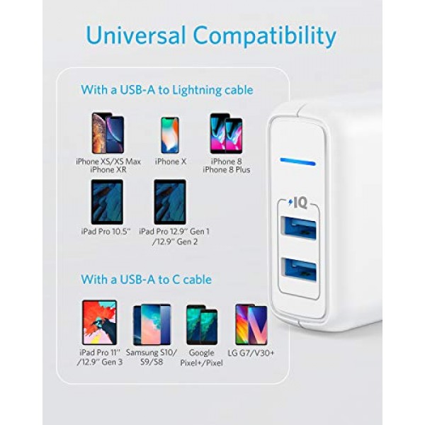 USB 충전기, Anker Elite 듀얼 포트 24W 벽면 충전기, iPhone 15/14/13/12/11 시리즈, iPad Pro/Air 2/Mini 3/Mini 4, Samsung S4/S5 등을 위한 PowerIQ 및 접이식 플러그가 포함된 PowerPort 2