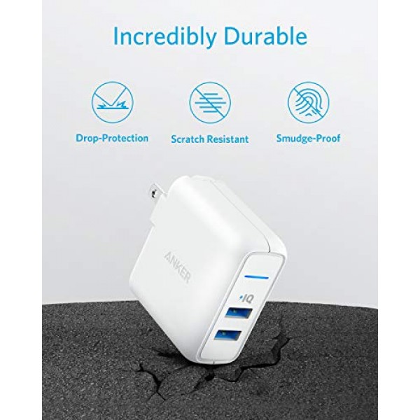 USB 충전기, Anker Elite 듀얼 포트 24W 벽면 충전기, iPhone 15/14/13/12/11 시리즈, iPad Pro/Air 2/Mini 3/Mini 4, Samsung S4/S5 등을 위한 PowerIQ 및 접이식 플러그가 포함된 PowerPort 2